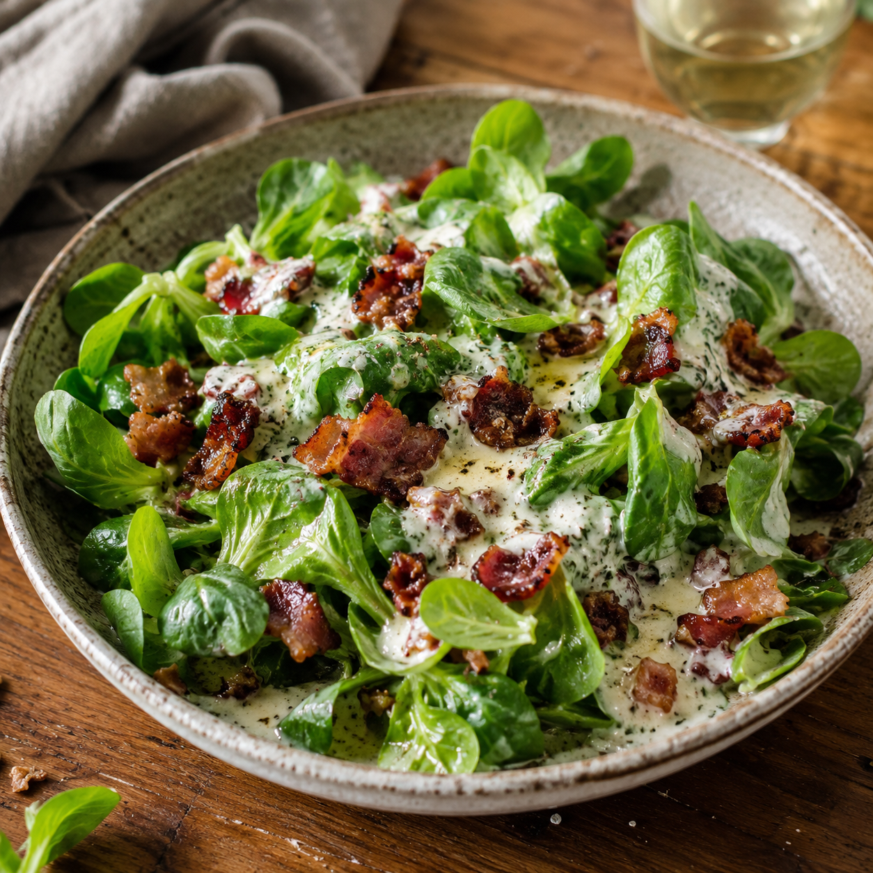 Lamb’s Lettuce with lukewarm Bacon-Cream-Yogurt Dressing